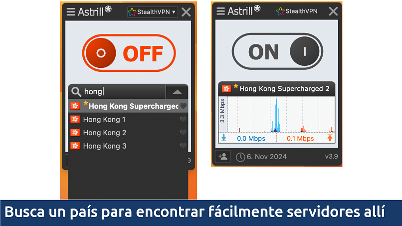 Captura de pantalla de la aplicación de Astrill VPN conectada al servidor de Hong Kong