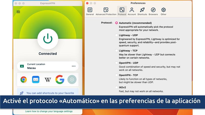 Captura de pantalla de la configuración de la aplicación de ExpressVPN con el protocolo Automático elegido