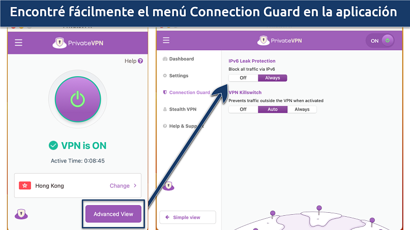 Captura de pantalla de la configuración de Connection Guard de PrivateVPN