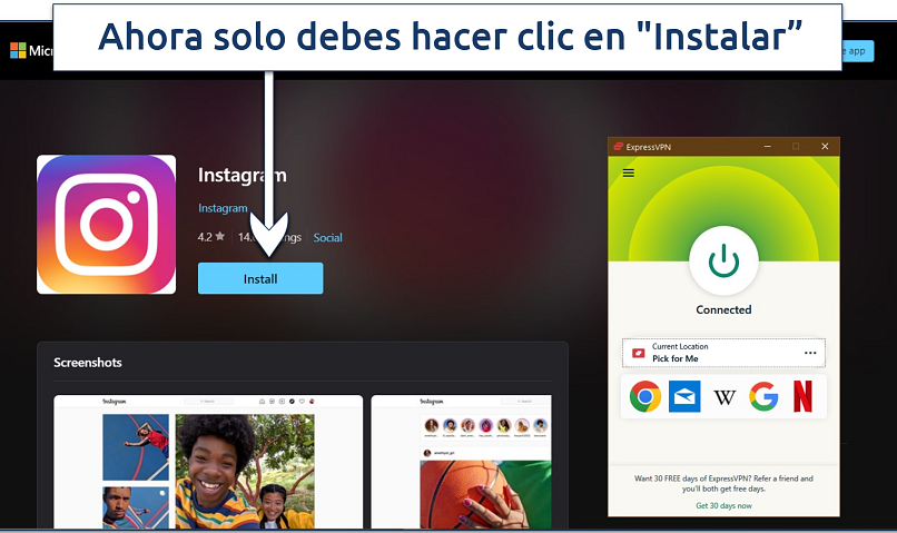 Screenshot of Instagram installation page with ExpressVPN connected to a 