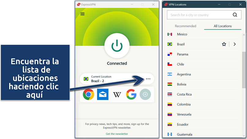 Screenshot of ExpressVPN's Windows app connected to a Brazil IP address