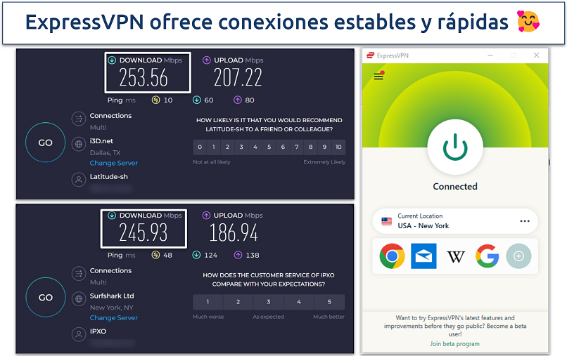 Una captura de pantalla de los resultados de la prueba de velocidad de ExpressVPN