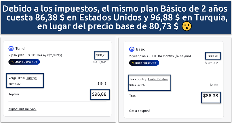 Screenshot of the NordVPN tax comparison in Turkey and the US