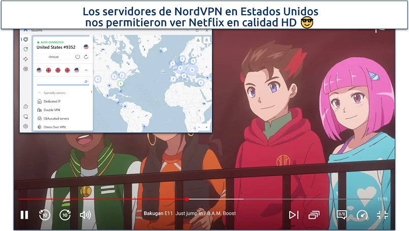A screenshot of Bakugan playing on Netflix while connected to NordVPN