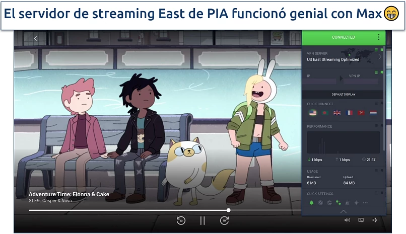 A screenshot of Adventure Time: Fionna & Cake playing on Max while connected to PIA