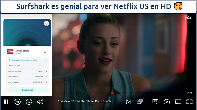 A screenshot of Netflix streaming with Surfshark connected to a US server