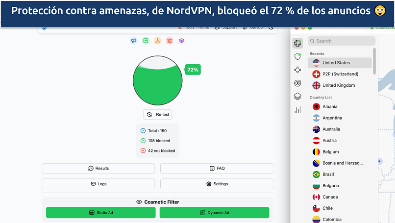 A screenshot of an ad blocking test while using NordVPN's Threat Protection