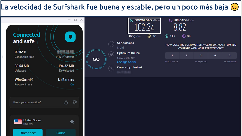 A screenshot of a speed test with Surfshark's US server