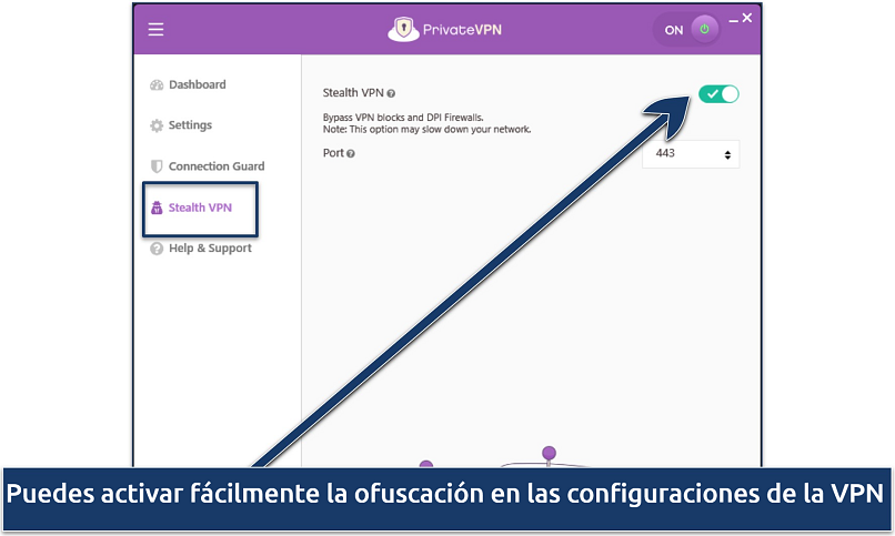 Screenshot of PrivateVPN's Windows interface showing how to activate Stealth VPN