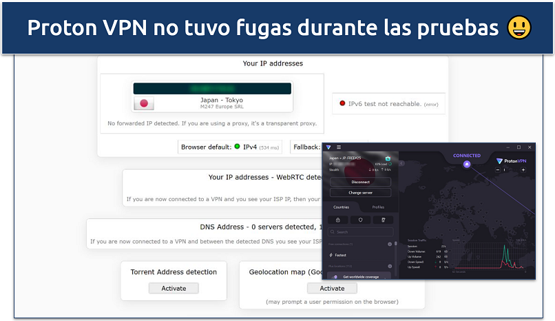 Captura de pantalla que muestra a Proton VPN superando exitosamente una prueba de fugas