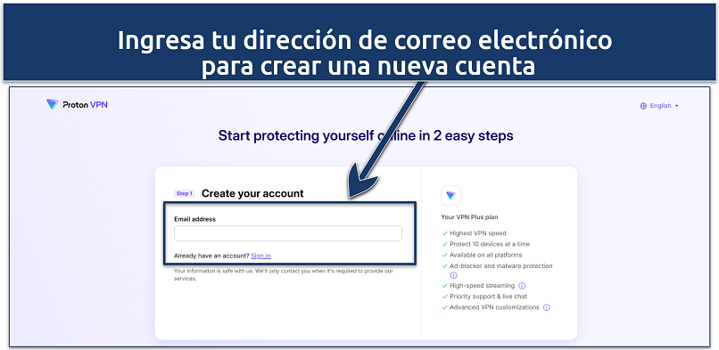 Una captura de pantalla que muestra la página de registro de cuentas de Proton VPN