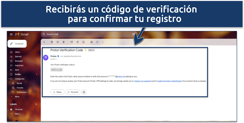 Una captura de pantalla que muestra el código de verificación de cuenta de Proton VPN