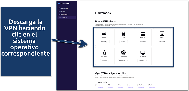 Una captura de pantalla que muestra las opciones de descarga para dispositivos de Proton VPN