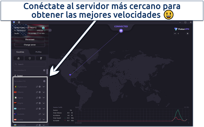 Una captura de pantalla que muestra la interfaz de selección del servidor de Proton VPN