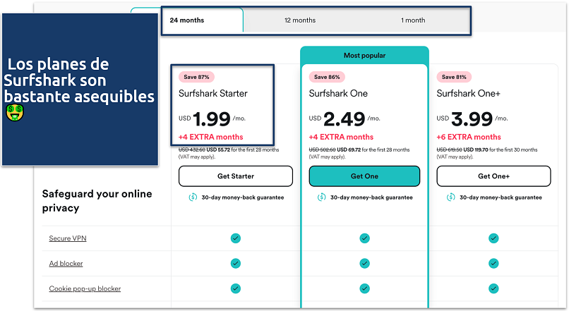 Screenshot of Surfshark's pricing page