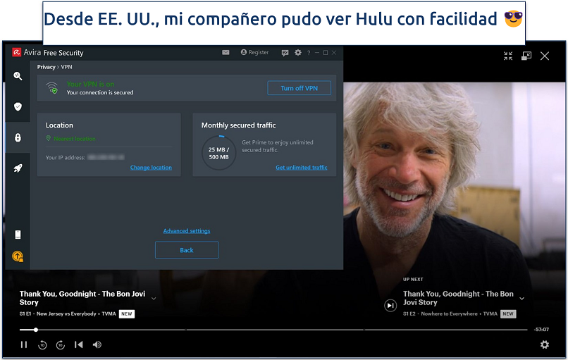 Screenshot showing a show playing on Hulu with Avira Phantom VPN connected