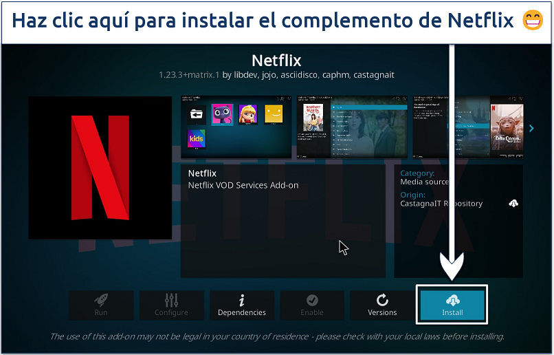 Screenshot showing how to install the Netflix addon from the CastagnaIT repository on Kodi