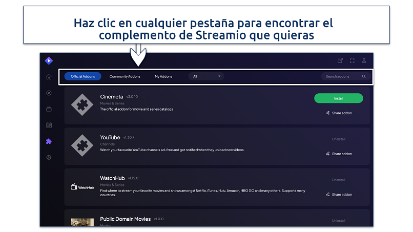 A screenshot showing how to find Stremio addons