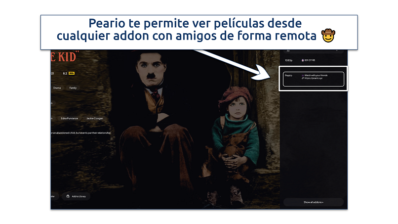 A screenshot showing the Peario streaming link appearing in the Archive.org Movie addon