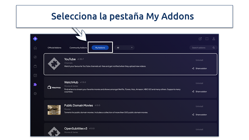 A screenshot showing how to find the My Addons tab in Stremio