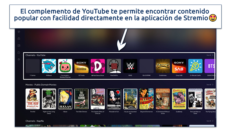 A screenshot showing YouTube channel icons in the Stremio interface