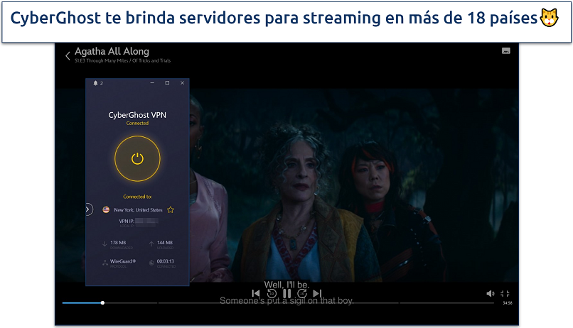 Captura de pantalla de Agatha all along reproduciéndose en Disney+ con CyberGhost conectada