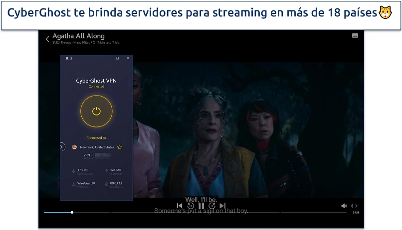 Captura de pantalla de Agatha all along reproduciéndose en Disney+ con CyberGhost conectada