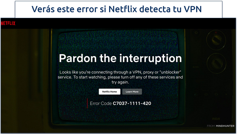 Captura de pantalla del mensaje de error de VPN, proxy o desbloqueador de Netflix M7037-1111