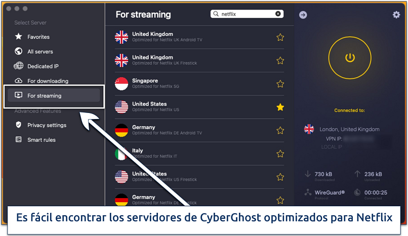 Captura de pantalla de la lista de servidores optimizados para Netflix de CyberGhost