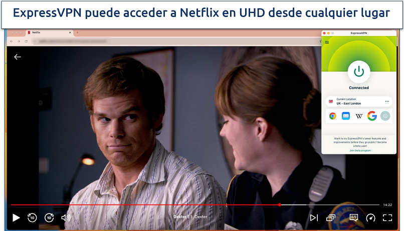 Captura de pantalla de Dexter en Netflix España con ExpressVPN conectada