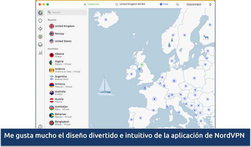 Captura de pantalla del mapa interactivo y la lista de servidores de la aplicación de NordVPN