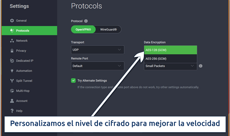 Captura de pantalla de la configuración de protocolos en la aplicación de PIA