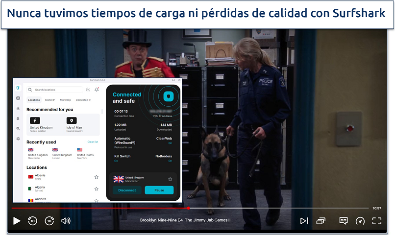 Captura de pantalla de Brooklyn Nine-Nine reproduciéndose en Netflix con Surfshark conectada