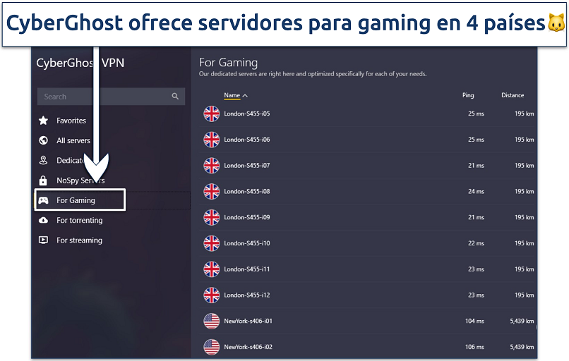 Captura de pantalla que muestra una lista de los servidores optimizados para gaming de CyberGhost