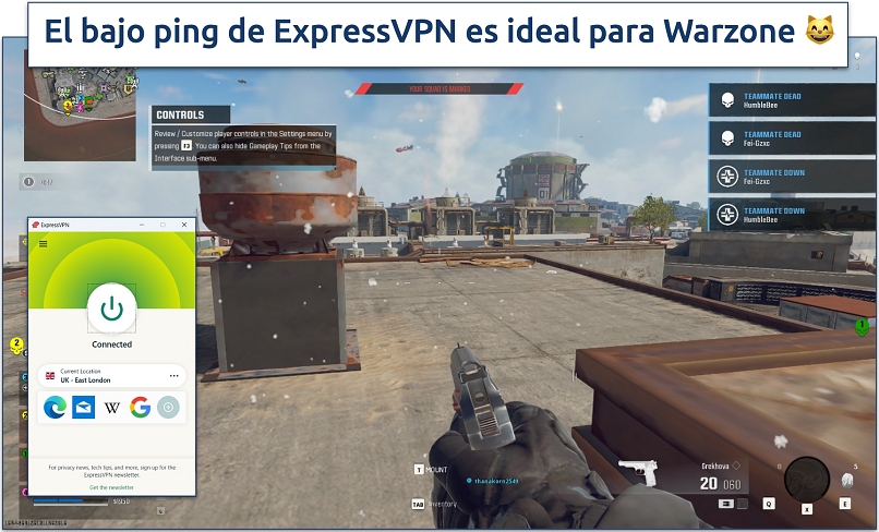 Captura de pantalla de una partida de Warzone con ExpressVPN conectada