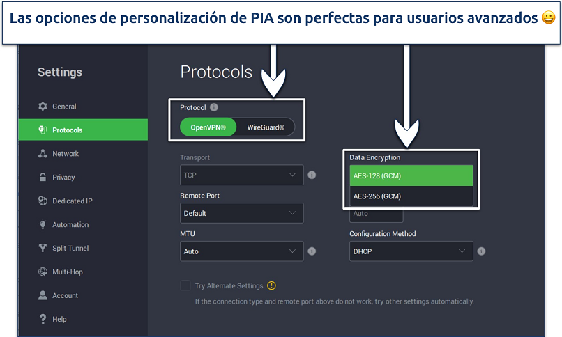 Captura de pantalla que muestra cómo personalizar tu conexión VPN con PIA