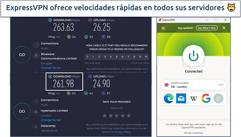 Captura de pantalla de las pruebas de velocidad de ExpressVPN en su servidor de Londres