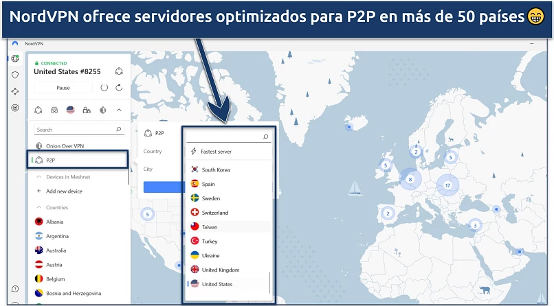 Captura de pantalla de la aplicación de Windows de NordVPN en la que se destacan los servidores especializados