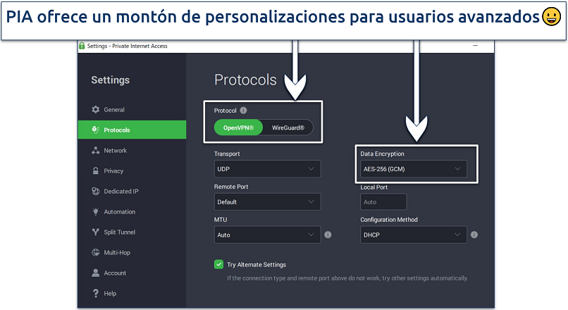 Captura de pantalla de la aplicación para Windows de PIA que muestra las funciones de seguridad personalizables