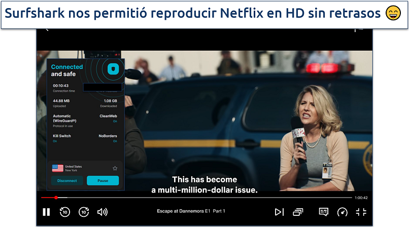 Captura de pantalla que muestra cómo Surfshark reproduce Netflix EE. UU. con su servidor en NYC