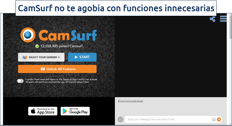 Screenshot of CamSurf's homepage