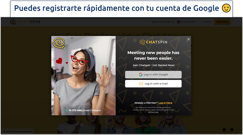 Screenshot of ChatSpin's signup screen