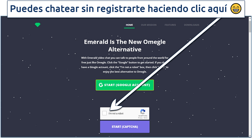 Screenshot of Emerald Chat's homepage with instructions on how to sign up