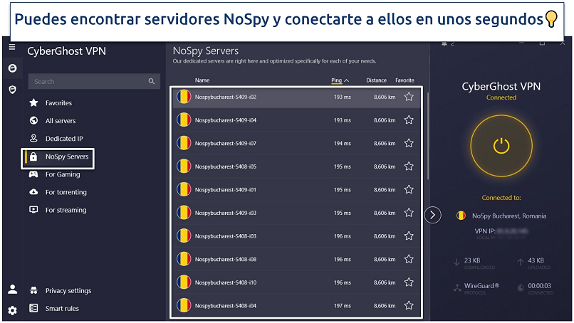 Captura de pantalla de la aplicación de CyberGhost para Windows con sus servidores NoSpy resaltados.