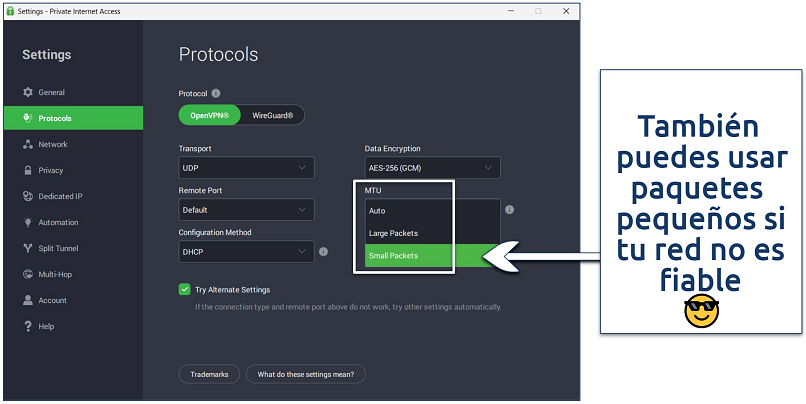 Captura de pantalla de la página de configuración de protocolos de PIA en Windows con el menú desplegable de tamaño de paquete MTU resaltado.