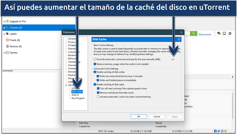 Screenshot of uTorrent's advanced settings with the option to increase disk cache size