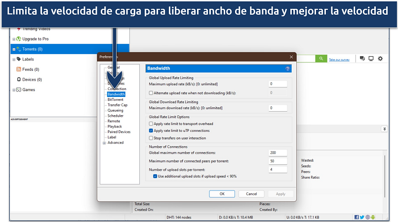 Screenshot of uTorrent's bandwidth optimization options