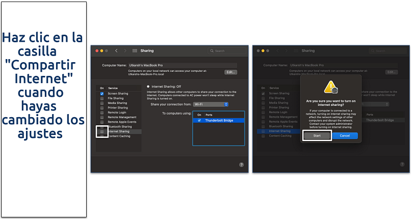 Screenshots of the internet sharing settings on macOS