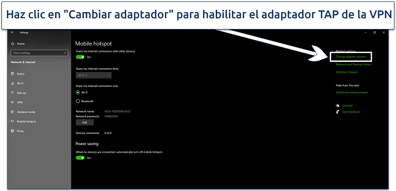 Screenshot of Windows' mobile hotspot and adapter settings