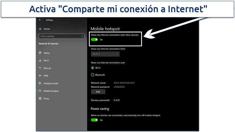 Screenshot of Windows' mobile hotspot settings